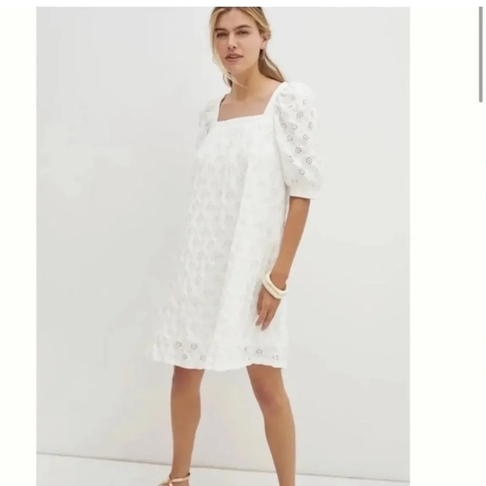 Anthropologie White Maeve‎ Puff Sleeve Eyelet Mini Dress Size S